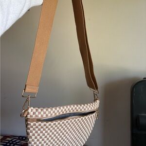 Woven Crossbody Bag in Beige and White with Tan Strap